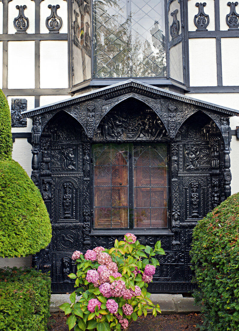 View of ornate window at Plas Newydd, Llangollen, Denbighshire, Wales