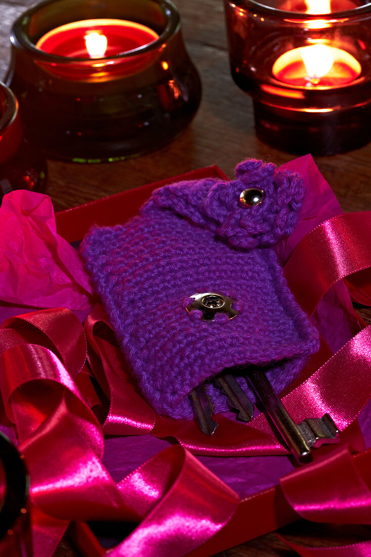Purple crocheted key pocket on pink ribbon