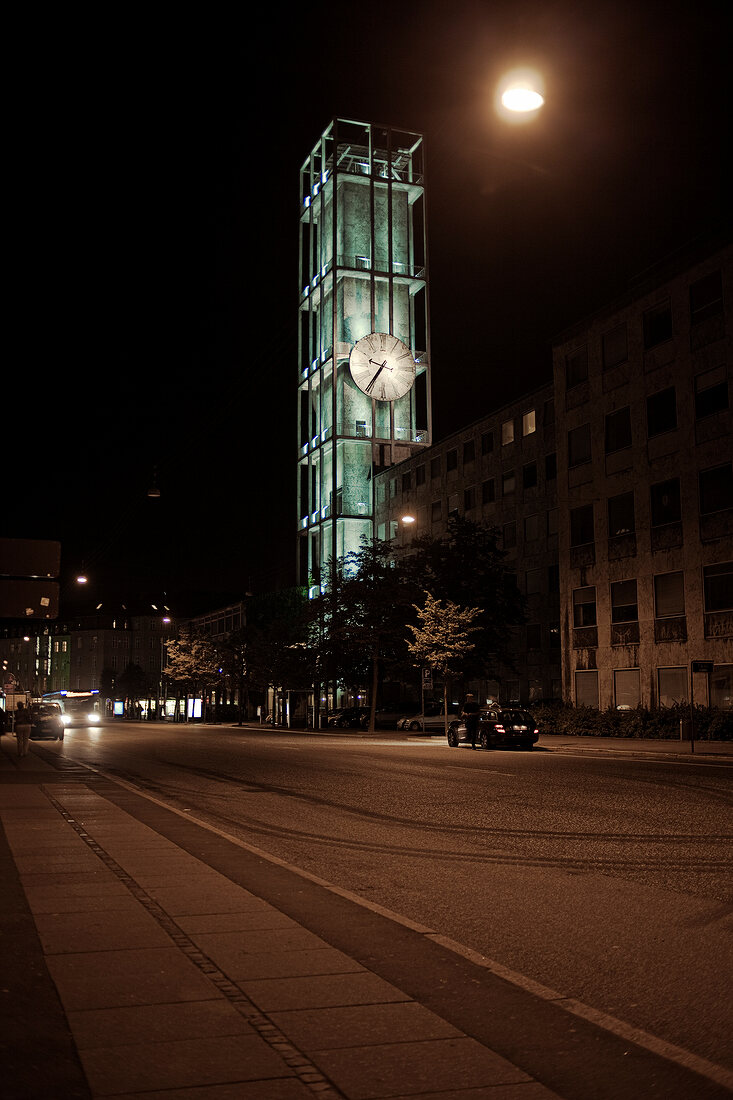 Illuminated bell tower next to city hall, Aarhus, Denmark