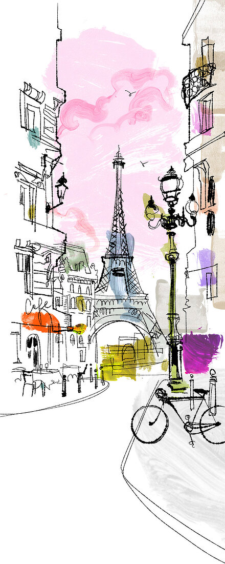 Illustration, Paris, Eiffelturm, Gasse, Straßenlaterne, typisch