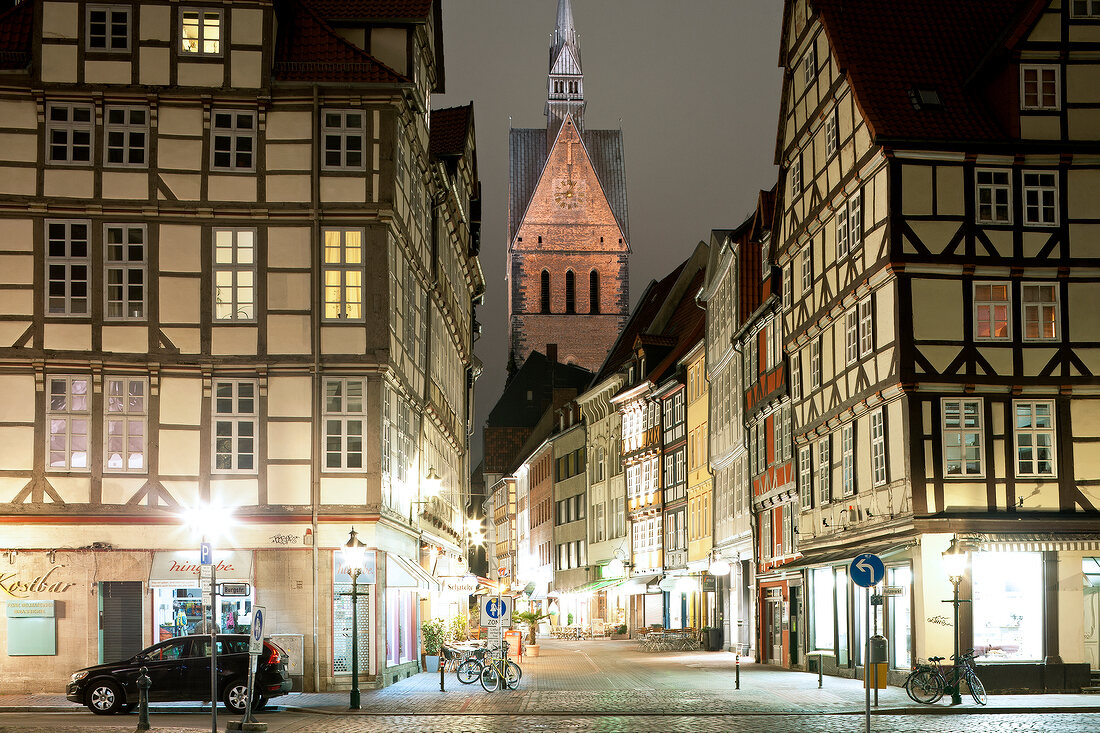 View of market church, half-timbered houses on Kramer Street, Hanover, Germany
