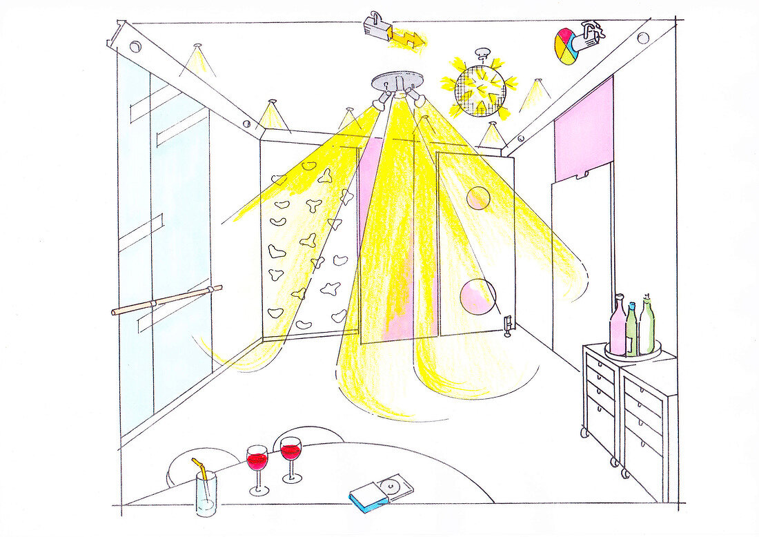 Illustration of party room with various party lights