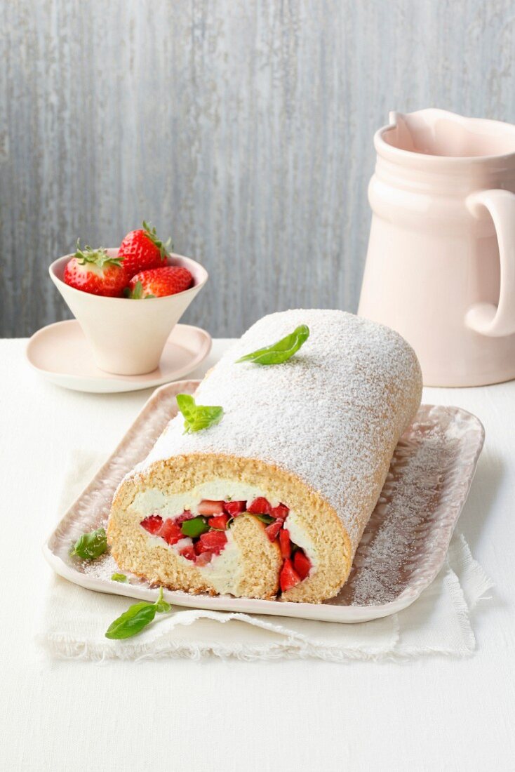 Buckwheat Swiss roll with strawberries and basil