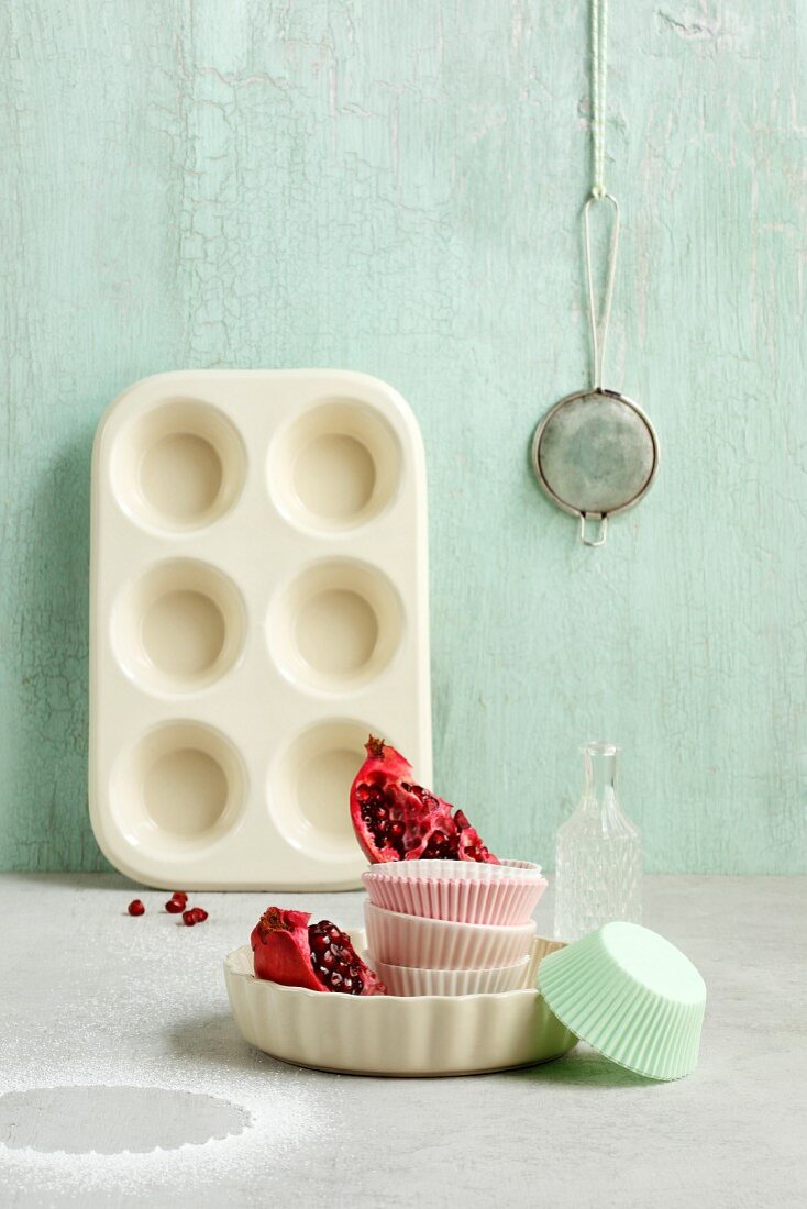 An arrangement of moulds for cakes and muffins