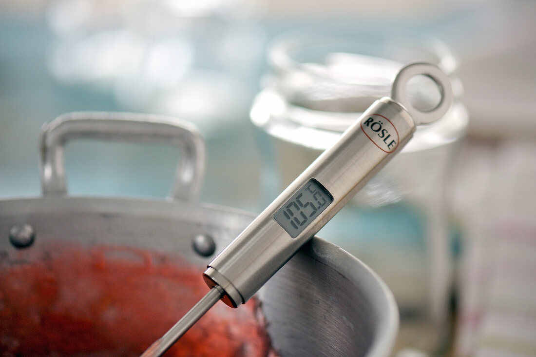 Candy thermometer in pot