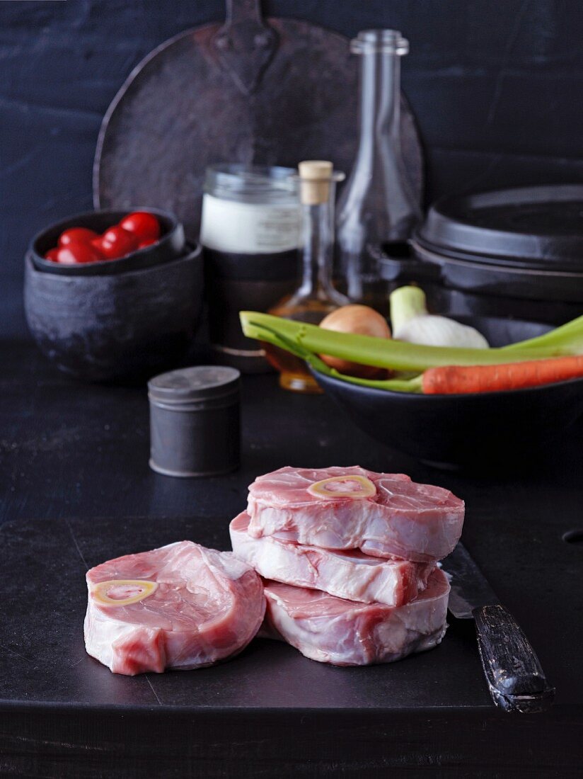 An arrangement featuring raw veal, vegetables and other ingredients