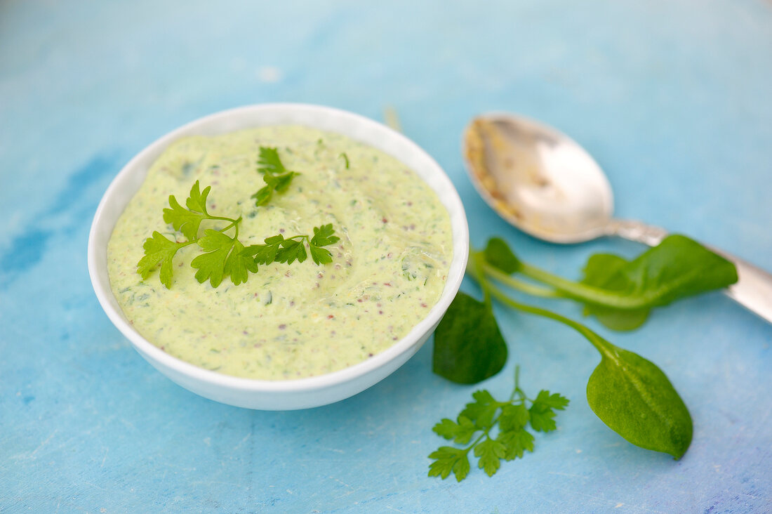 Herb mustard dip in bowl