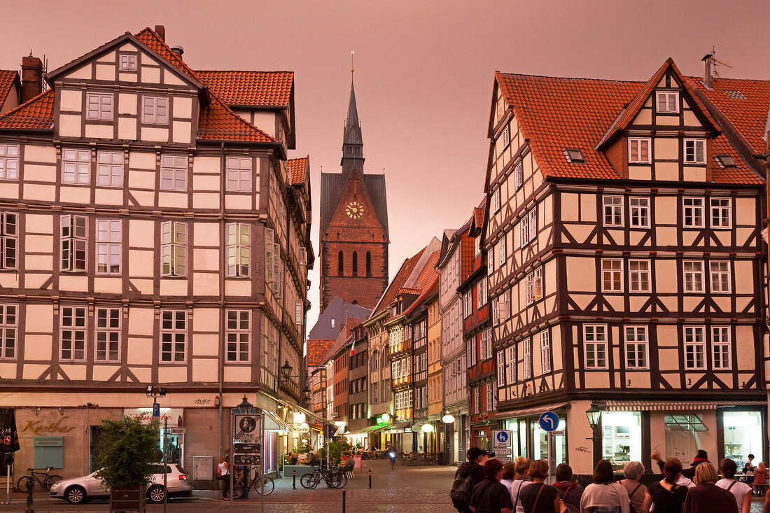 View of Market church and half-timbered houses on Kramer Street, Hannover, Germany