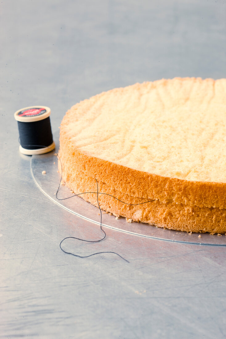 Close-up of short cake with biscuit base