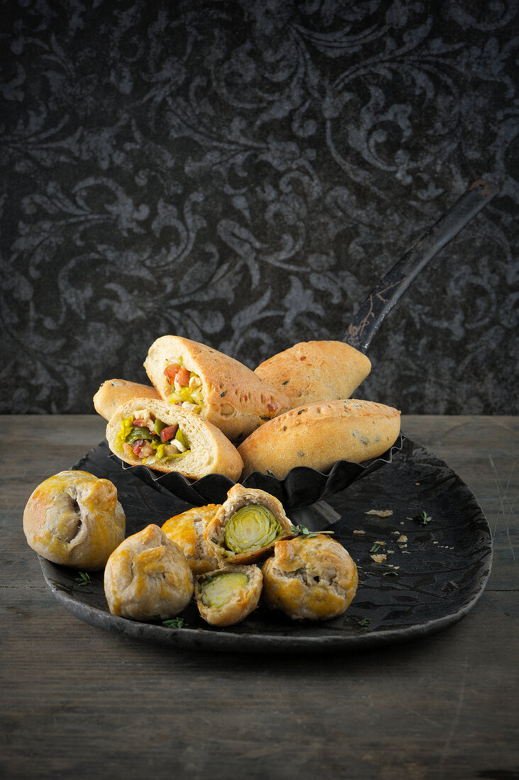 Brussels sprouts bags with bacon and leek pockets on plate