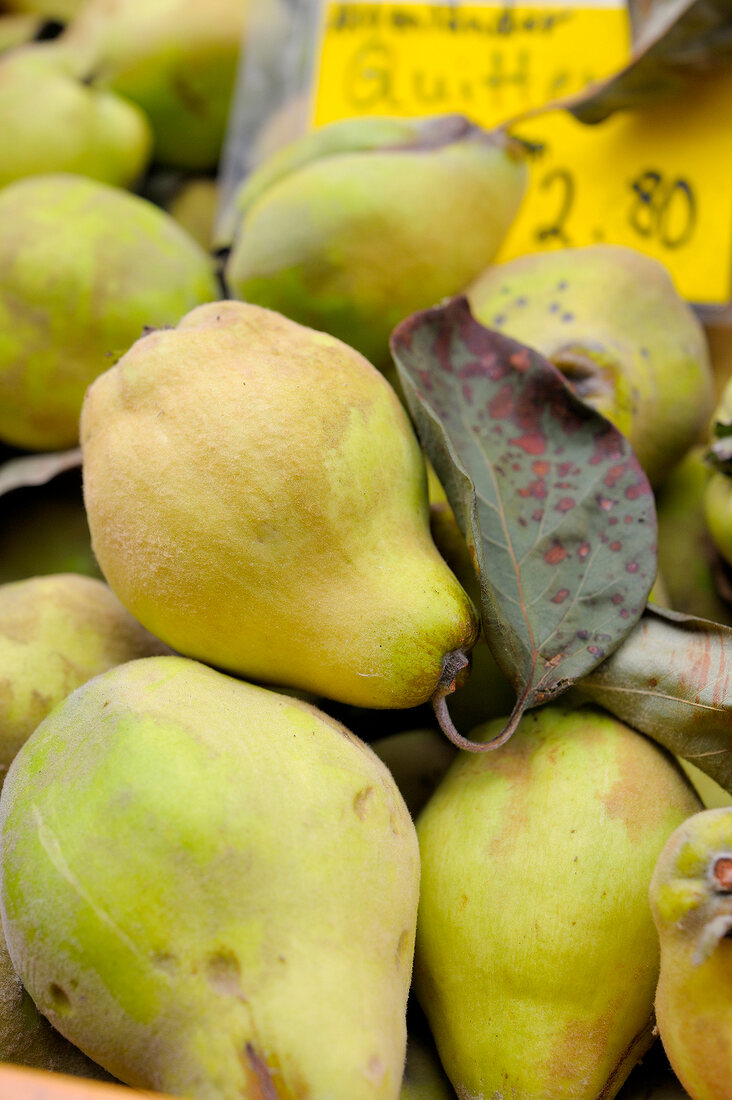 Close-up of pears at a market stall