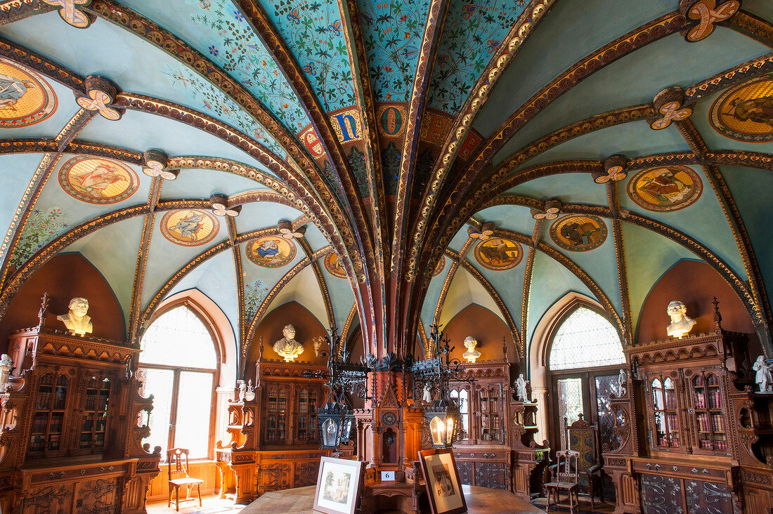 Library of Marienburg Castle with decorated ceiling in Hanover, Germany