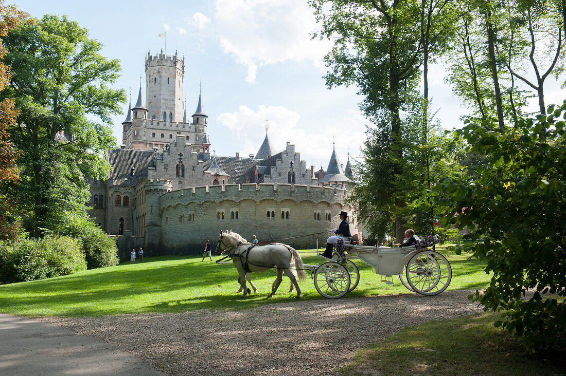 Horse carriage in front of Marienburg Castle, Lower Saxony, Germany