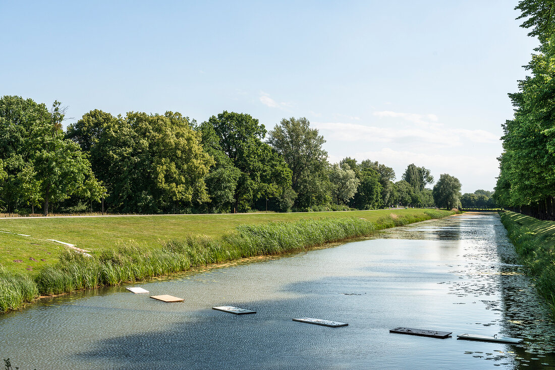 View of water in lush Royal Gardens, Hannover, Germany