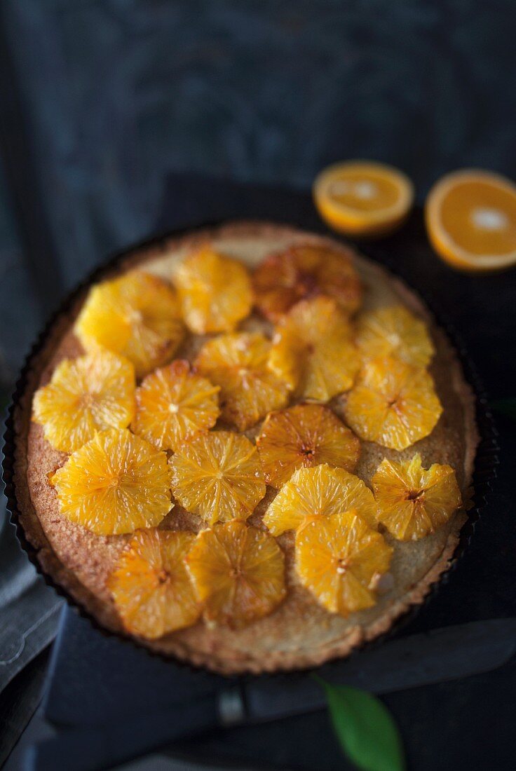 Almond tart with caramelised oranges