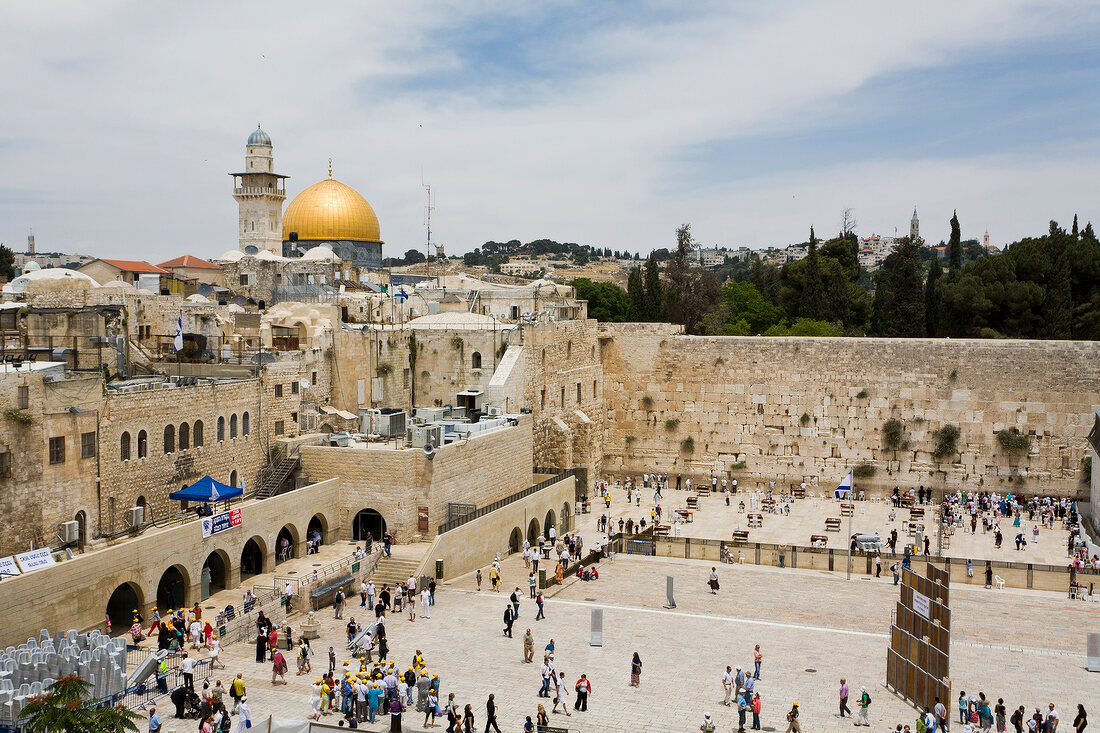 View of people at Dome of the Rock, Temple Mount and Wailing Wall, Jerusalem, Israel