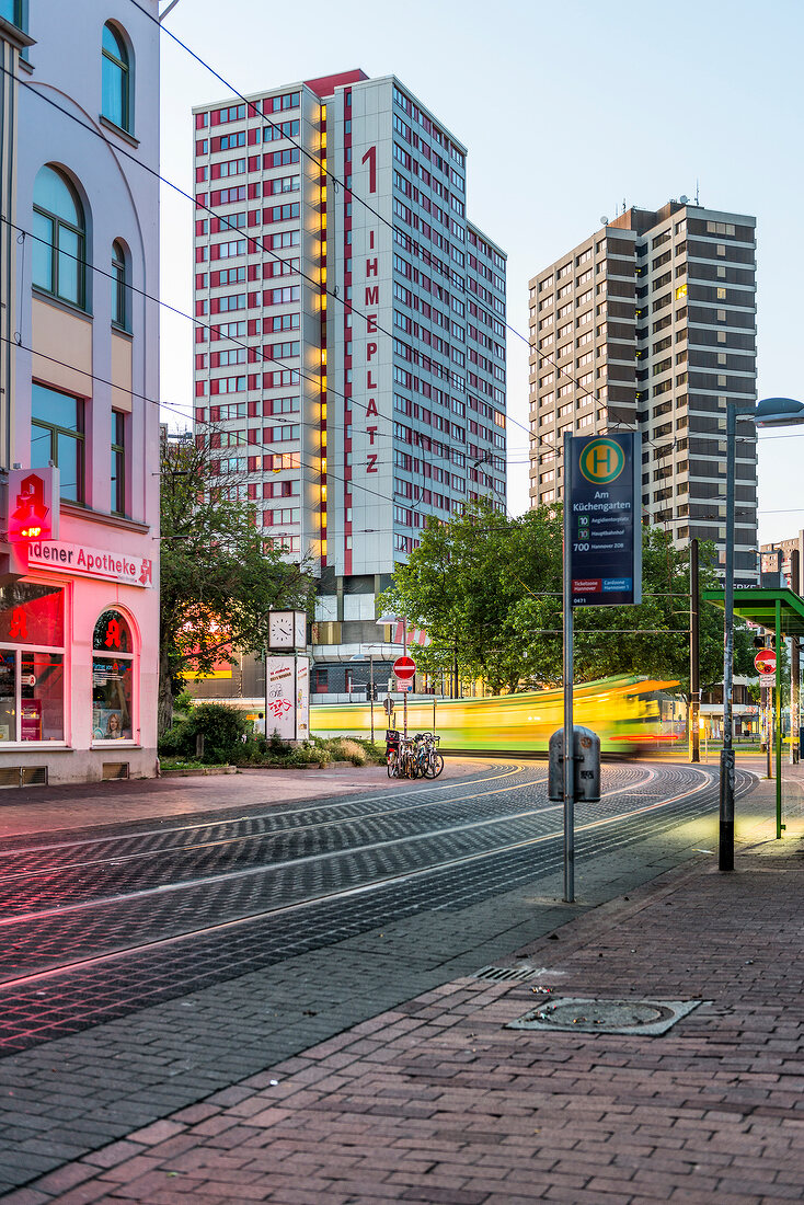 View of Ihmeplatz 1 and road in Linden, Hannover, Germany