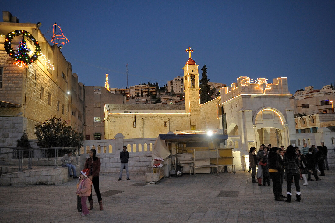 Facade of Gabriel church during Christmas time at night, Nazareth, Israel