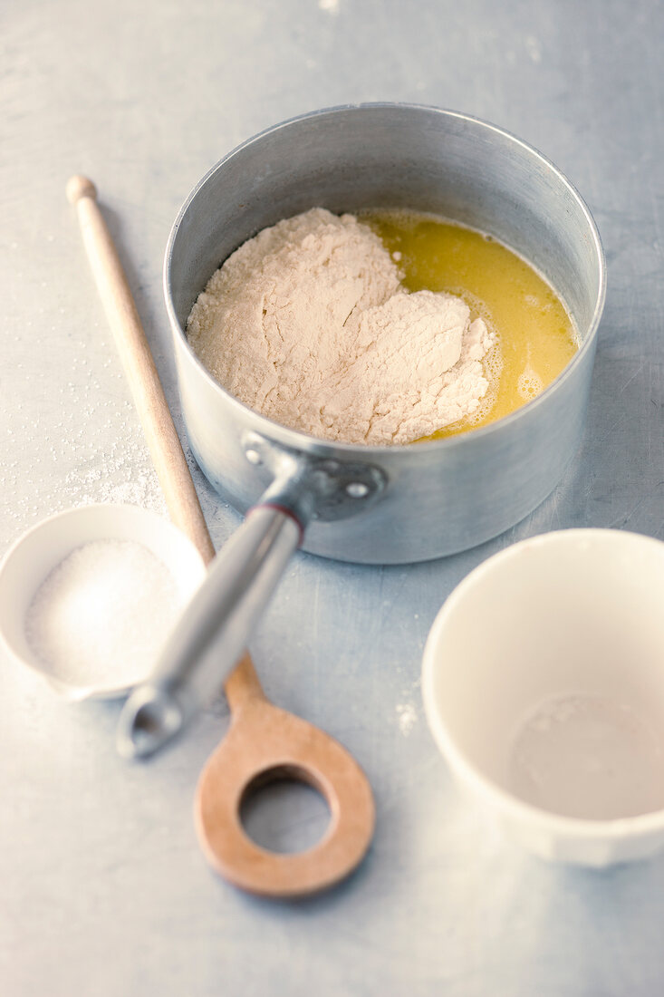 Flour and liquid in pan, step 1