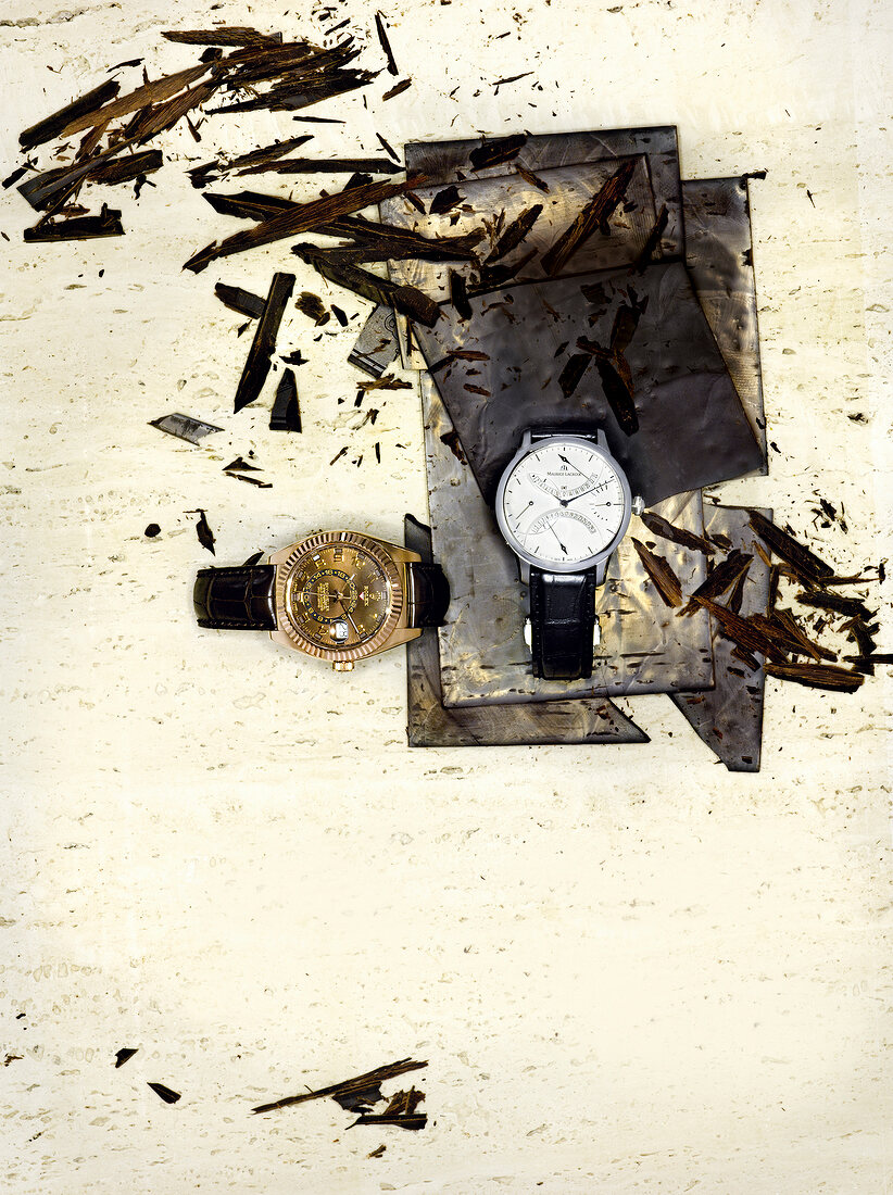Watches and wood splitter, overhead view