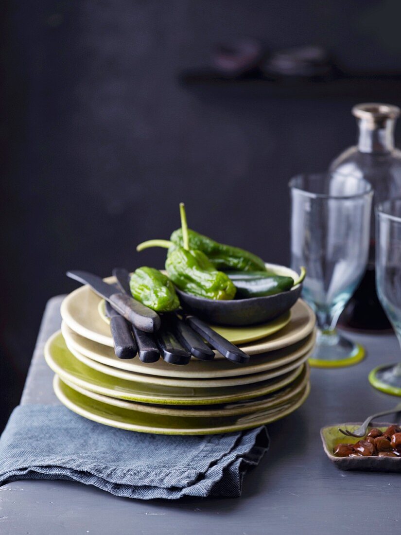 Mexican jalapeños on a stack of plates