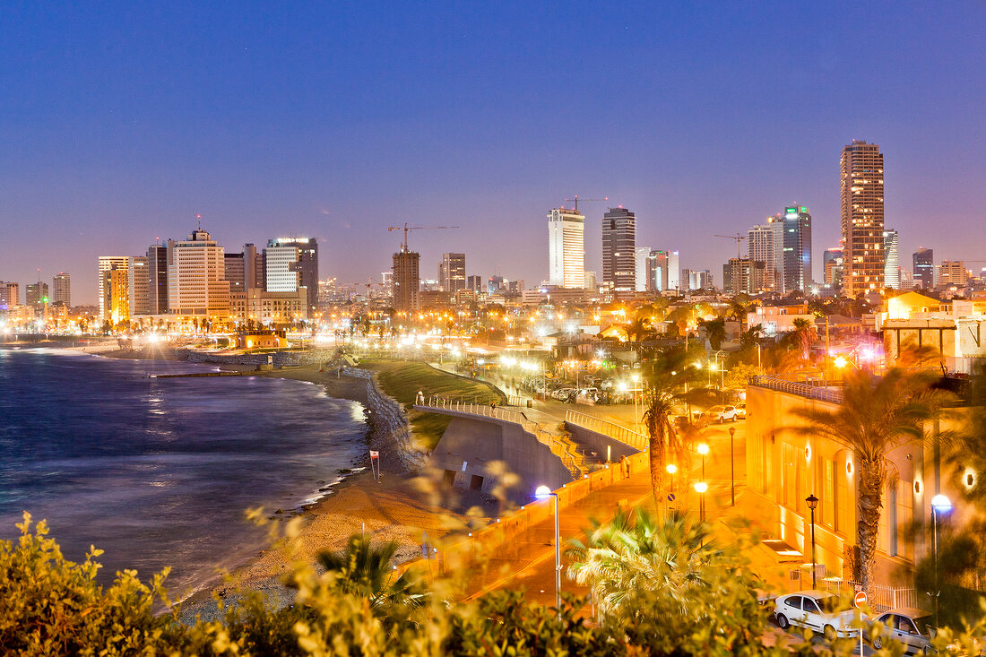 View of Neve Tzedek district skyline and Mediterranean at evening, Tel Aviv, Israel