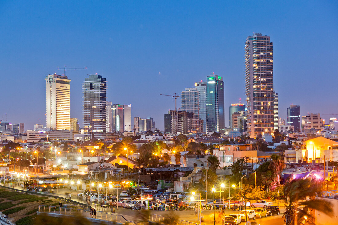 Illuminated Neve Tzedek district skyline in the evening, Tel Aviv, Israel