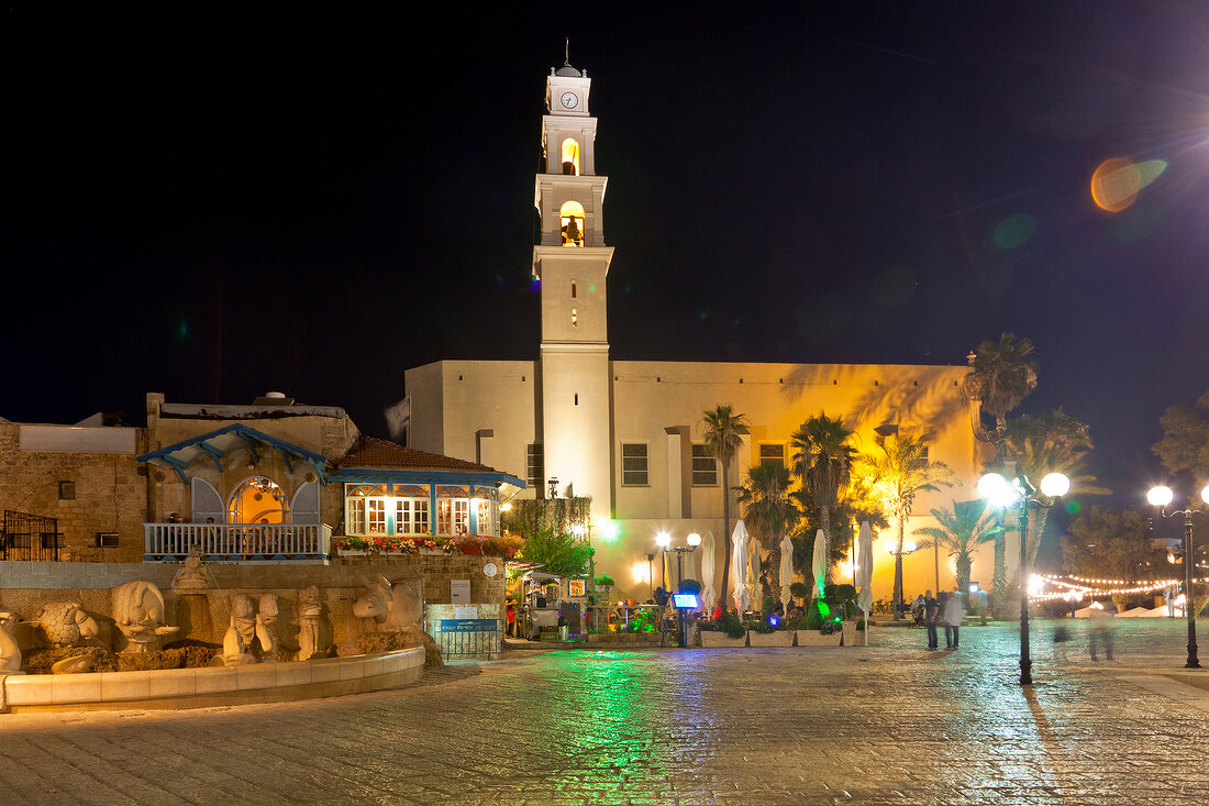 Illuminated St. Peter's Church at night, Jaffa, Tel Aviv, Israel