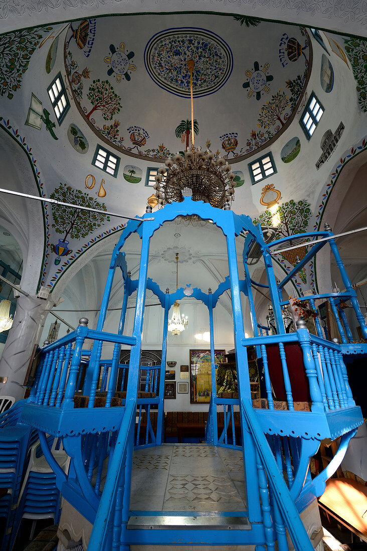 Low angle view of pulpit blue staircase at Abuhav Synagogue, Safed, Israel