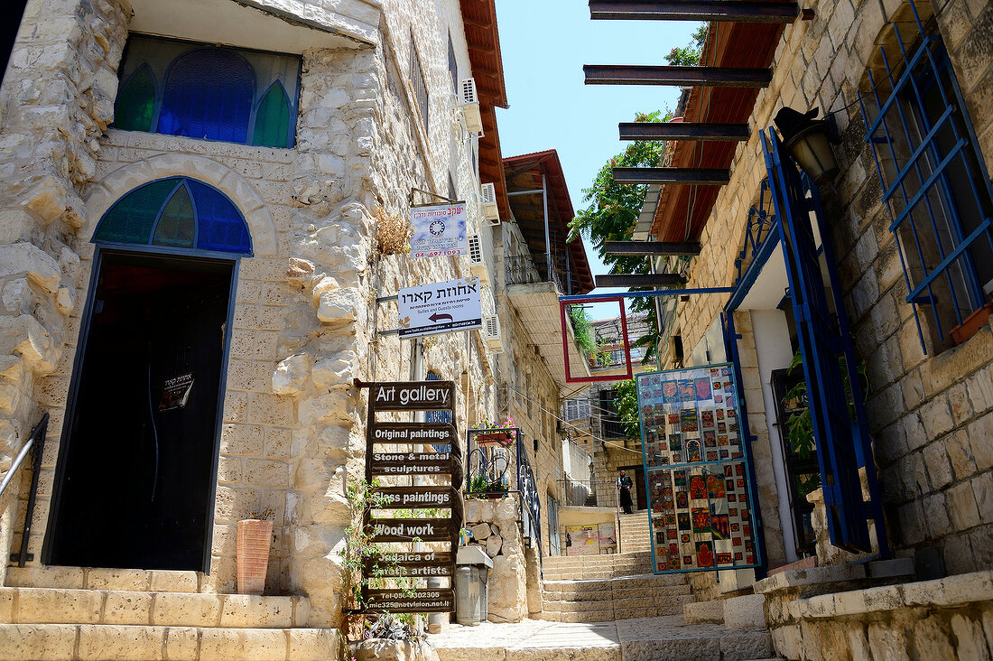 View of art gallery in old town, Alley, Safed, Israel