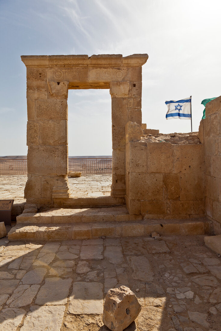 View of ruin of church with Israel flag, Avdat National Park, Negev, Israel