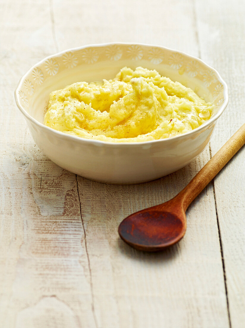 Close-up of mashed potatoes in bowl, Bavaria, Germany