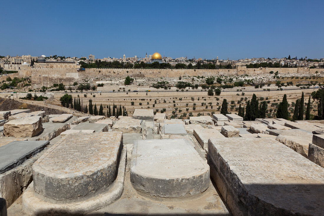 View of Dome of the Rock Cemetery in Temple Mount from Mount of Olives, Jerusalem, Israel