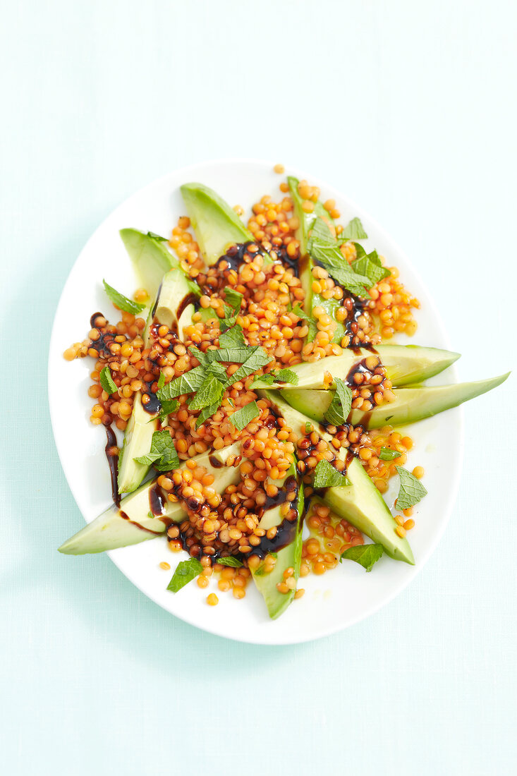 Avocado and lentil salad on plate