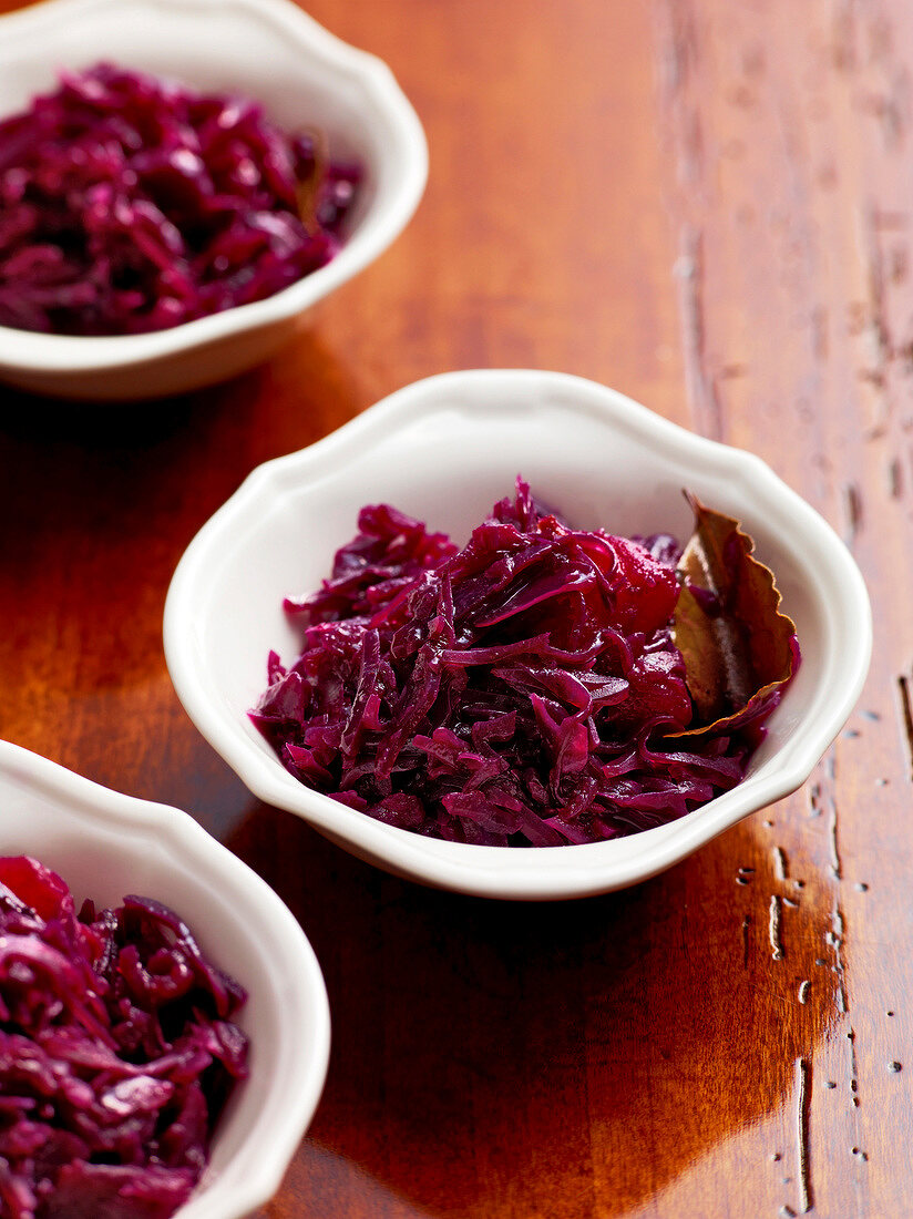 Red cabbage in bowls, Bavaria, Germany