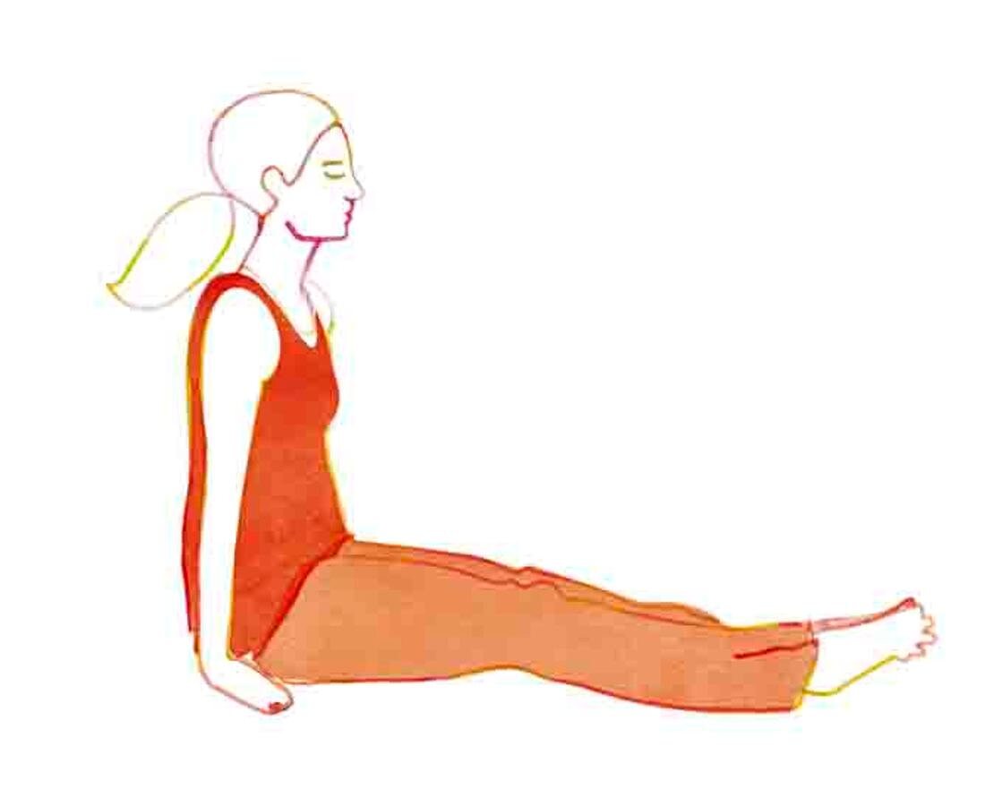 Detox-Yoga, Übungen, Körperheber, Frau, sitzt, Hände auf den Boden