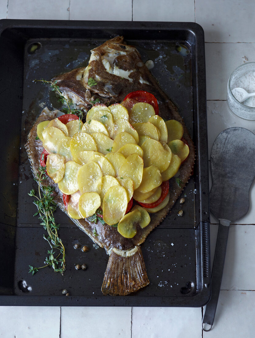 Baked turbot with potato flakes on baking tray