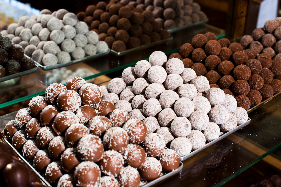 Chocolates on shelves at Chocolaterie Blondel, Lausanne, Canton of Vaud, Switzerland