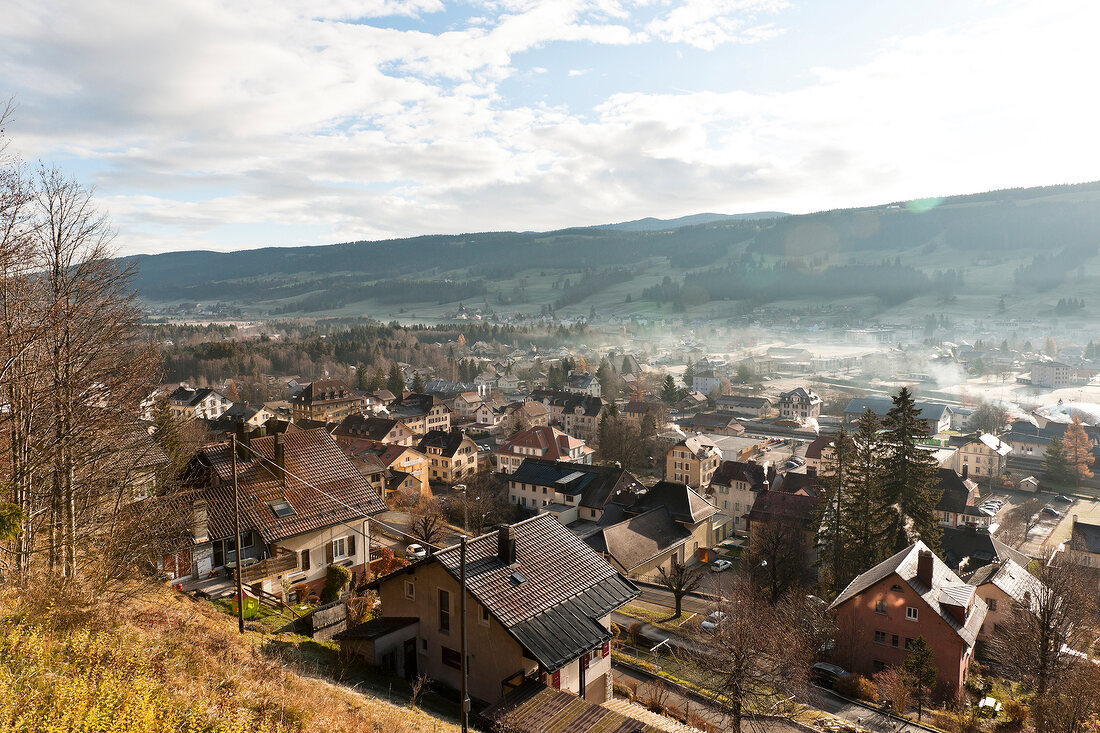 View of watch making town Le Sentier in Vallee de Joux, Lake Geneva, Switzerland