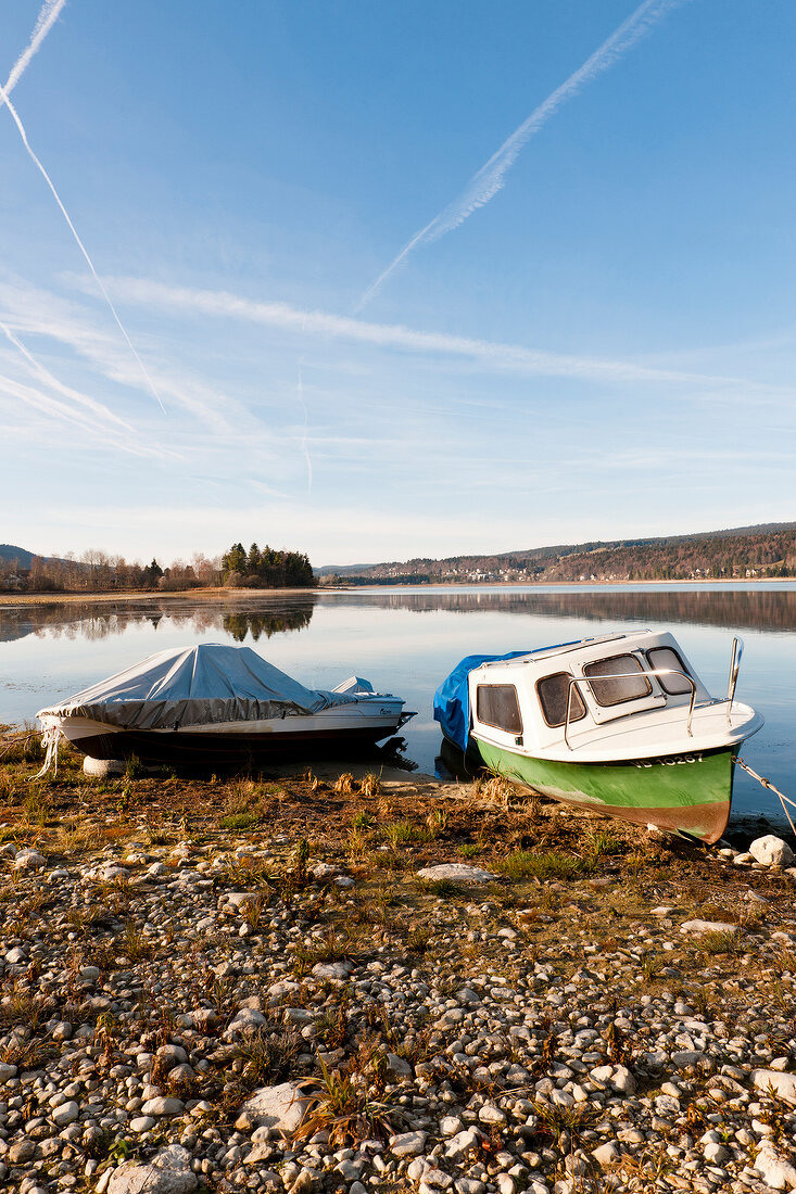 Boats at coast of Vallee de Joux in Lake Geneva, Switzerland