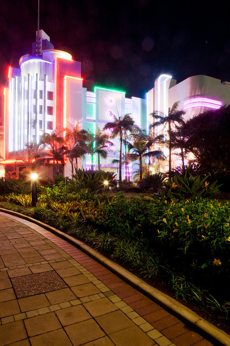 View of illuminated casino at night in Durban, South Africa