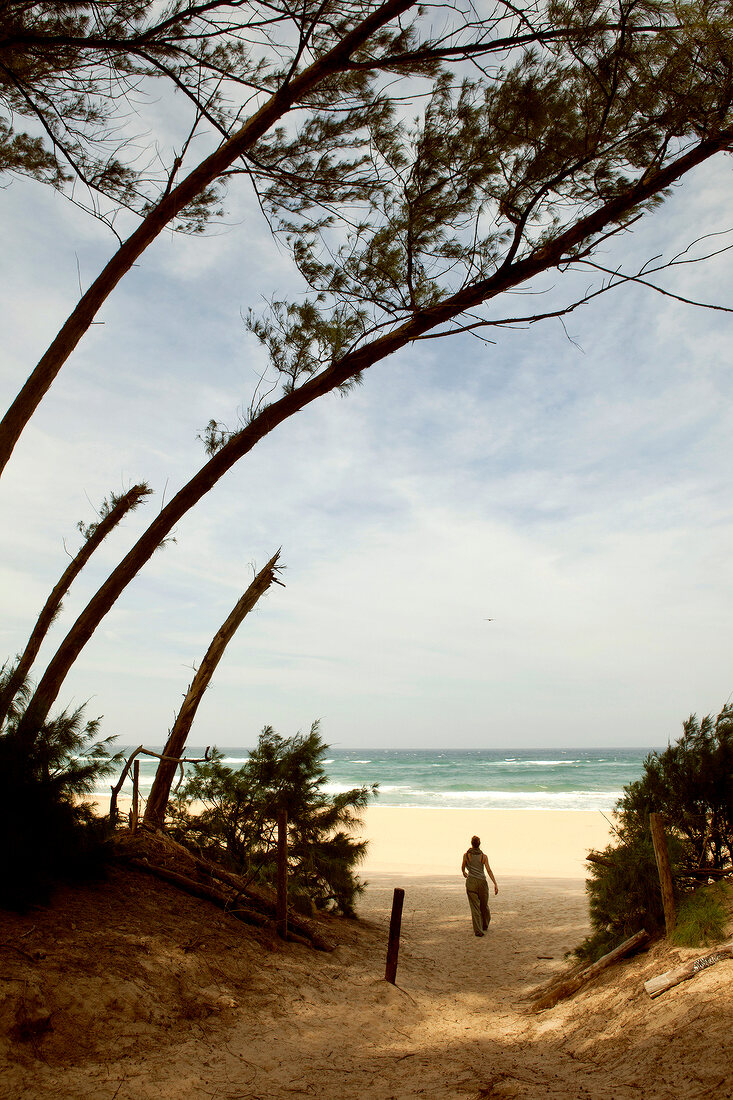 Woman walking on beach towards sea in Durban, South Africa