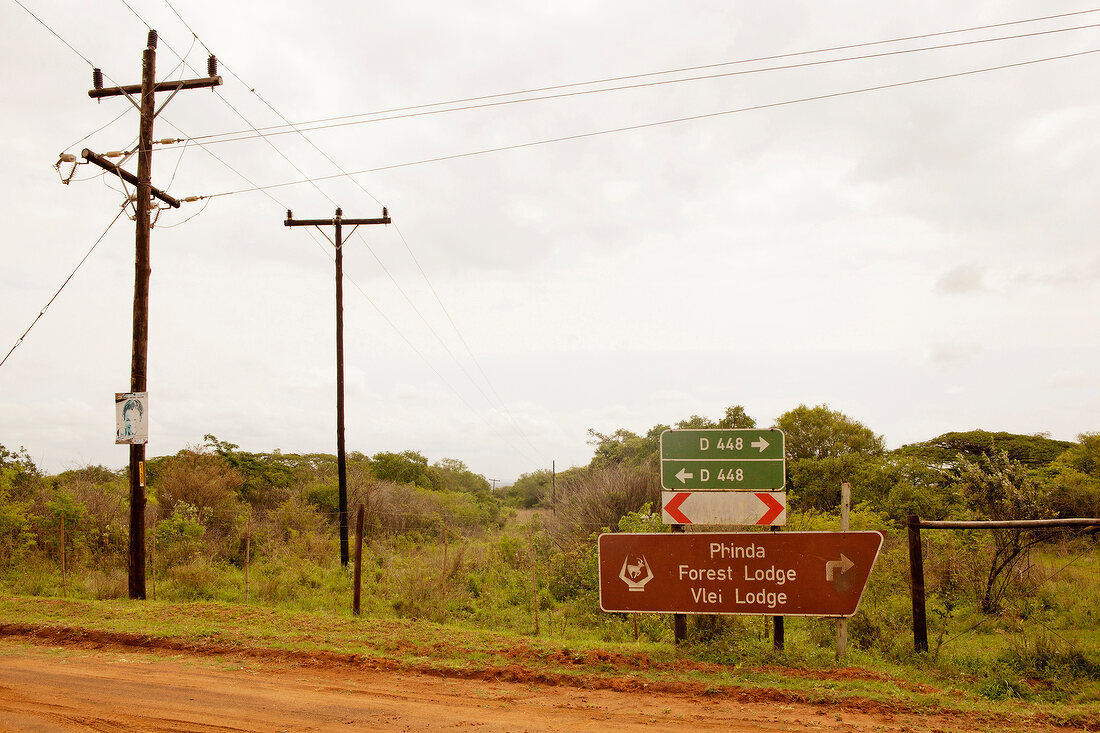 View of Phinda Forest Lodge sign on dirt track, South Africa