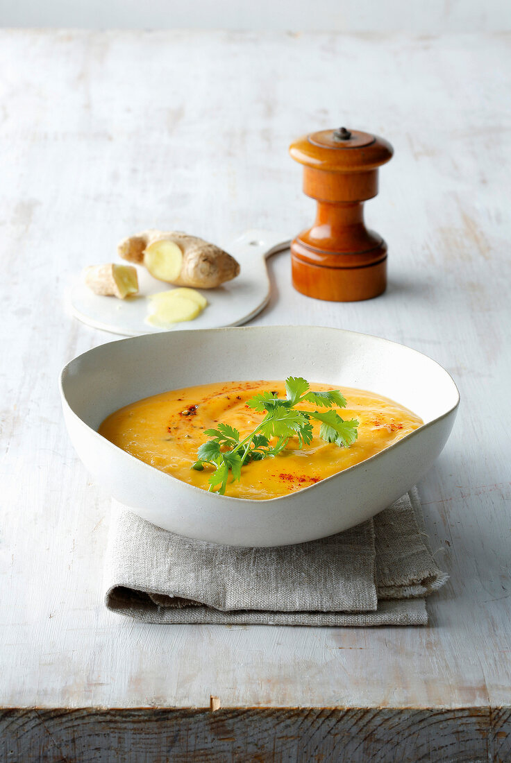 Sweet potato and lemon grass soup in bowl