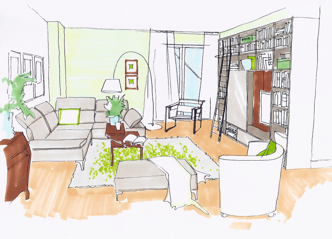 Illustration of kitchen cabinet, bed, toys, and floor lamp in living room