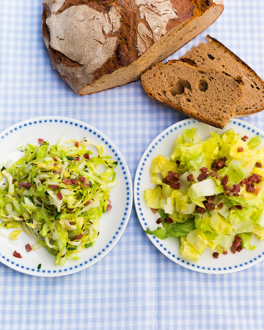 Cabbage salad, endive salad with potato dressing and bread on plates