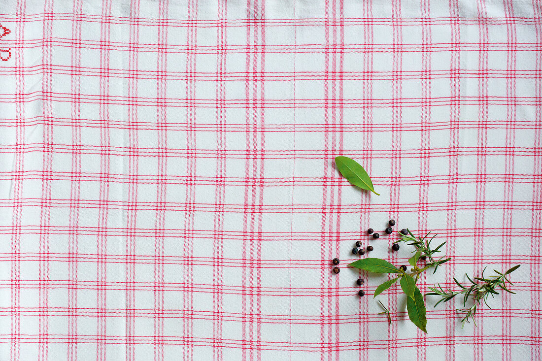 Landküche, Kräuter auf weiß- rot karierter Tischdecke