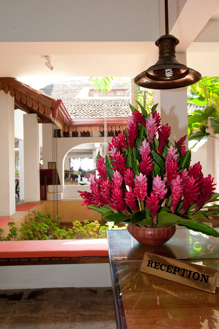 View of flower vase on the reception table at Barberyn Reef Resort, Beruwala in Sri Lanka