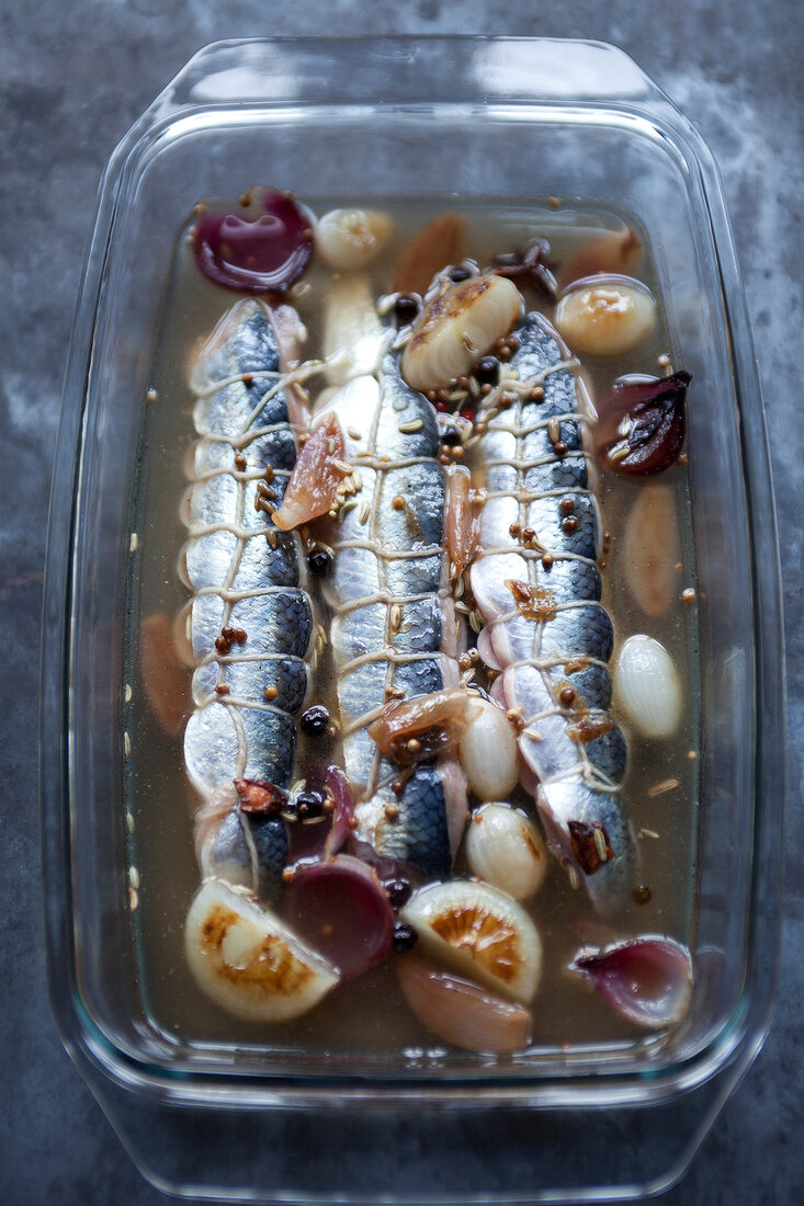Pickled herring with grilled onions in a serving bowl