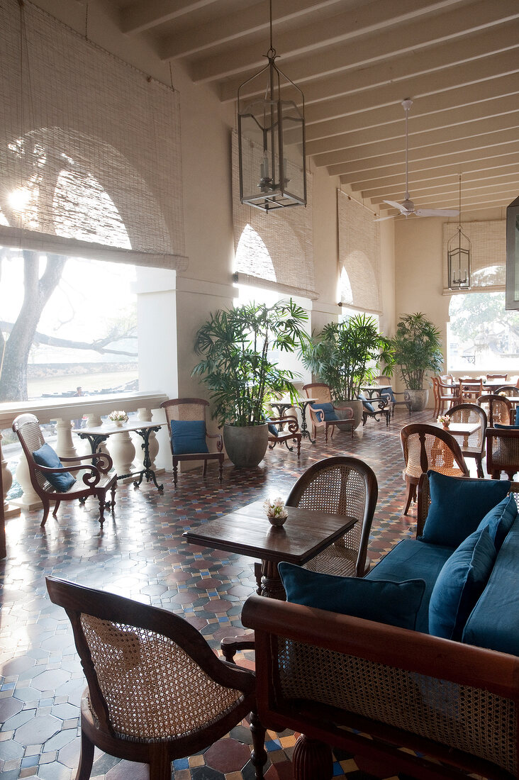 Tables and chairs at Amangalla Hotel, Galle Fort, Sri Lanka